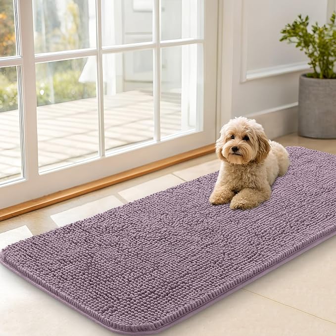 OLANLY Dog Door Mat for Muddy Paws 47x20, Absorbs Moisture and Dirt, Absorbent Non-Slip Washable Doormat, Quick Dry Chenille Mud Mat for Dogs, Entry Indoor Entryway Carpet for Inside Floor, Deep Plum by OLANLY