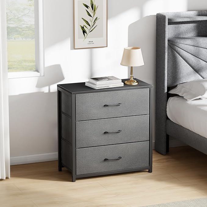 Memobarco Nightstand with 3 Drawers for Bedroom, Storage Dresser with Fabric Drawers and Metal Frame for Closet, Living Room, Bedside Table with Wood Top, Easy Pull Handle, Gray - Image 8