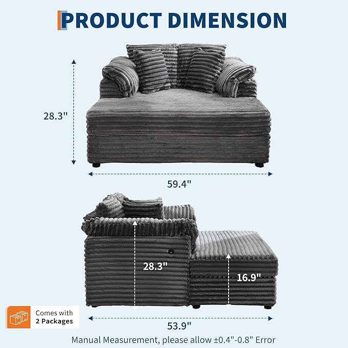 Oversized Chaise Lounge Chair59 * 54 Inch Indoor Comfy Corduroy Cloud Sleeper Couch Upholstered Sofa Bed with USB Port Throw Pillows Supportive Armrests for Living Room