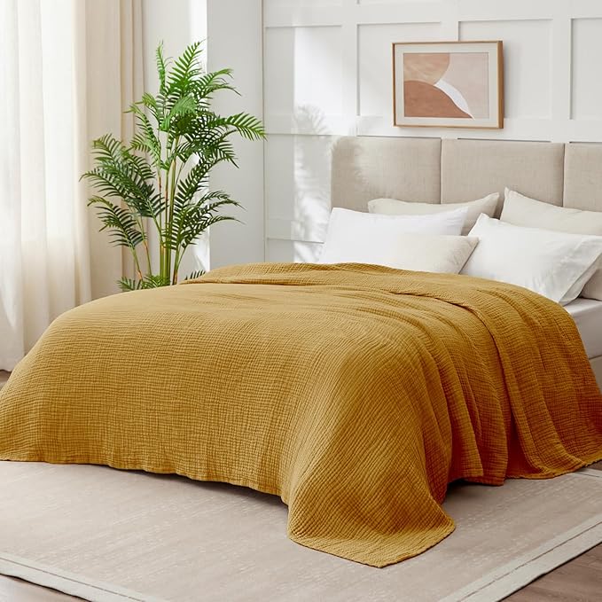100% Cotton Muslin Blanket Twin 66" x 90", 6 Layers Breathable and Lightweight Cotton Blankets for Couch, Soft Cooling Summer Gauze Blanket for Adults All Season, Mustard