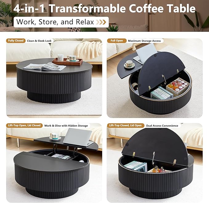 33" Round Coffee Table with Lift-Top & Flip-Top Storage, Modern Accent Fluted Coffee Tables with Metal Frame, Wooden Circle Center Table for Living Room Small Space Apartment Office (Black)