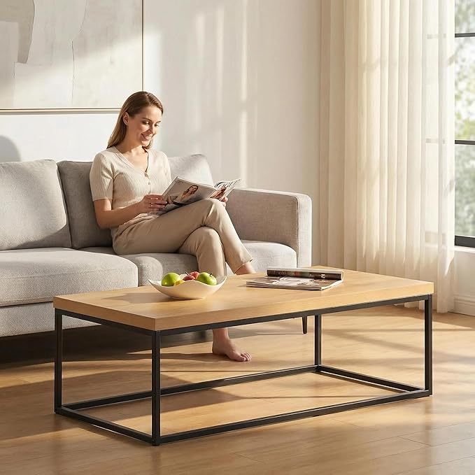 CENSI 47 Inch Oak Coffee Table for Living Room, Modern Industrial Center Table with Extra Thick 40mm Wood Top, Natural White Oak Finish, Rectangle Cocktail Table
