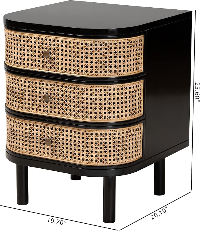 bali & pari Nabila Modern Bohemian Black Bayur Wood and Natural Rattan 3-Drawer End Table Nightstand - Image 3