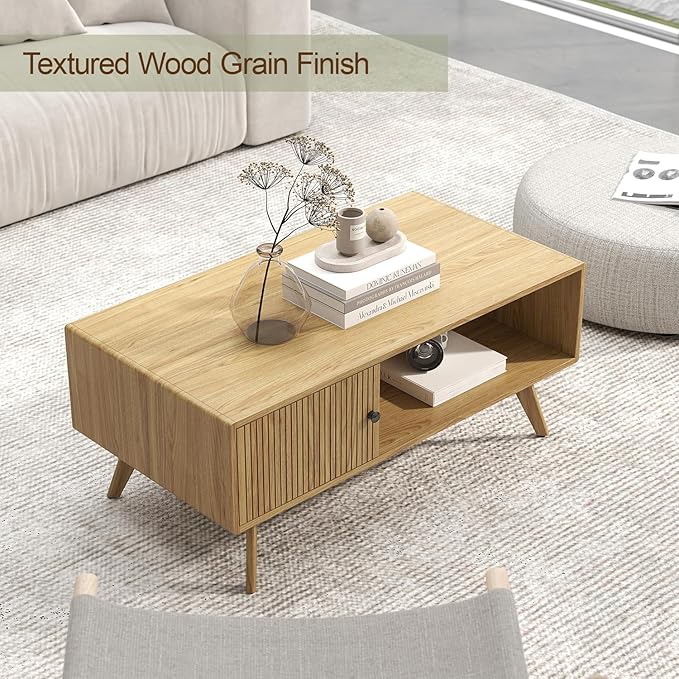 Manora Mid Century Modern Coffee Table with Storage Cabinet and Open Shelf, Wooden Living Room Table with Fluted Drawer and Solid Wood Legs, Oak Finish Center Table for Small Spaces