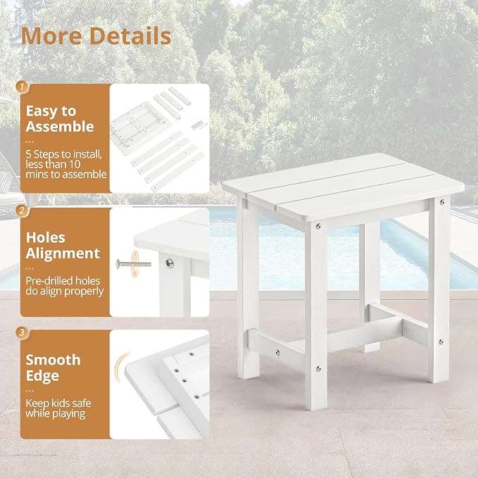 LUE BONA Outdoor Side Table Set of 2, HDPS Small Outdoor Table, Adirondack Side Table, Outside End Table for Patio, Porch, Deck, Pool, Weather Resistant/Easy Maintenance/Indoor or Outside Use, White - Image 7