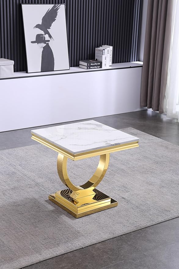 Modern Faux Marble End Table, Faux Marble Side Table with Geometric Frame, Rectangular Marble Center Table Tea Table Accent Furniture for Living Room, Simple Assembly (Gold)