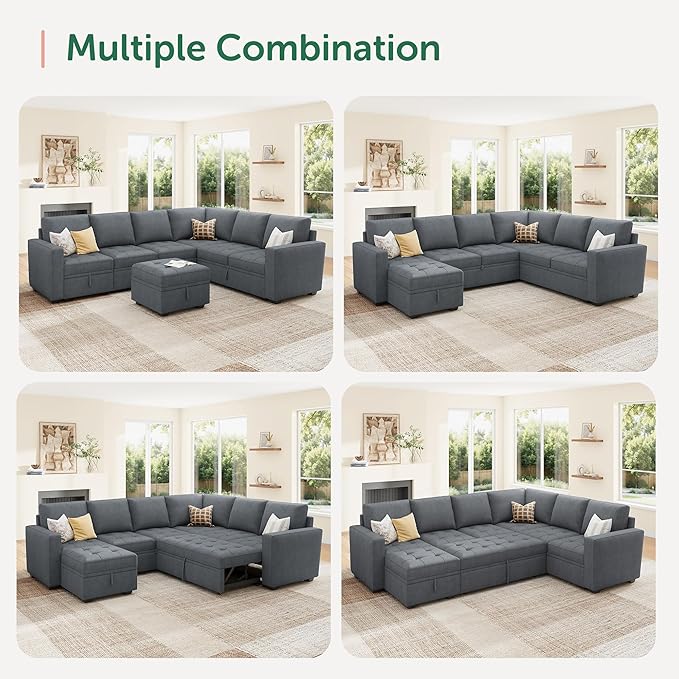 HONBAY Modular Sectional Couch with Pull Out Bed Sleeper Sofa with Storage U Shaped Modular Sectional Couches for Living Room,Warm Bluish Grey