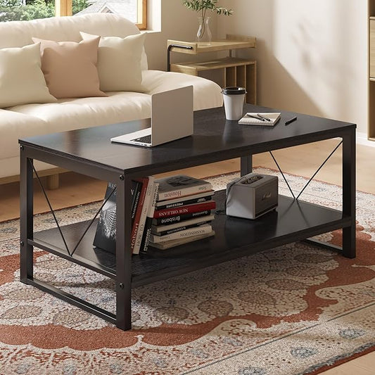 Rectangle Coffee Table Tea Table with Storage Shelf, Farmhouse Wooden Coffe Table for Living Room Table, 40" Rustic Center Table 2-Tier Minimalist Coffee Table Easy Assembly (Black)