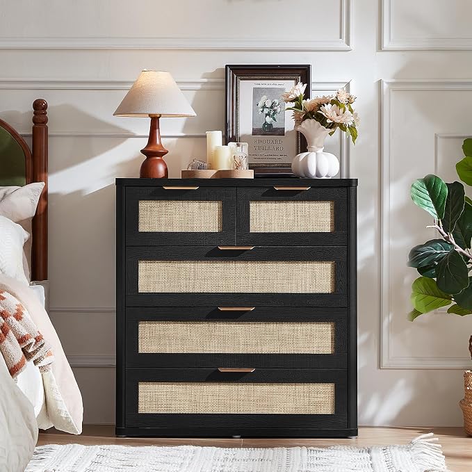 LEYAOYAO Rattan Dresser for Bedroom Set of 2, 33.5" Tall Chest of Drawers, Modern 5 Drawers Boho Dressers with Storage, Light Oak Dresser Wooden Closet Organizer for Living Room, Hallway, Black - Image 8