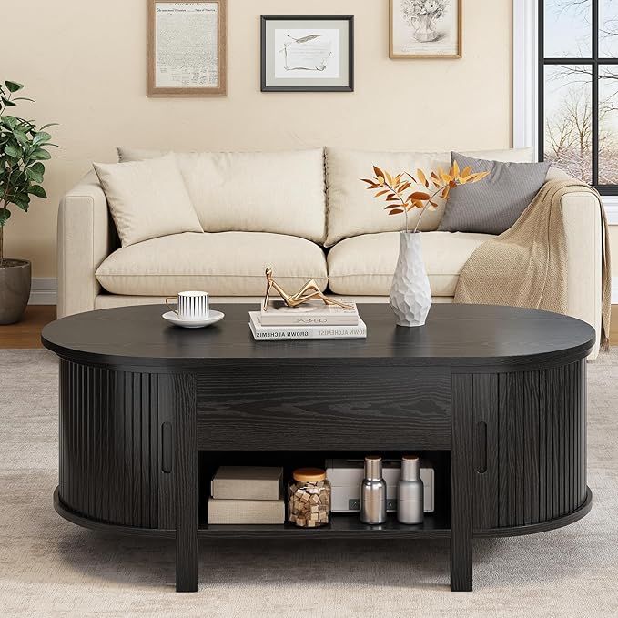 ONBRILL 43.3" Oval Lift Top Coffee Table with Hidden Compartment, Fluted Wood Coffee Table with Sliding Door, Mid-Century Modern Lift Tabletop Dining Table for Living Room, Home Office, Black