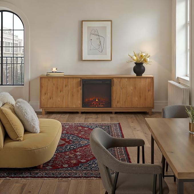 Walker Edison Arundo Reeded TV Stand with Fireplace & Storage, 70" Fireplace, English Oak - Image 2