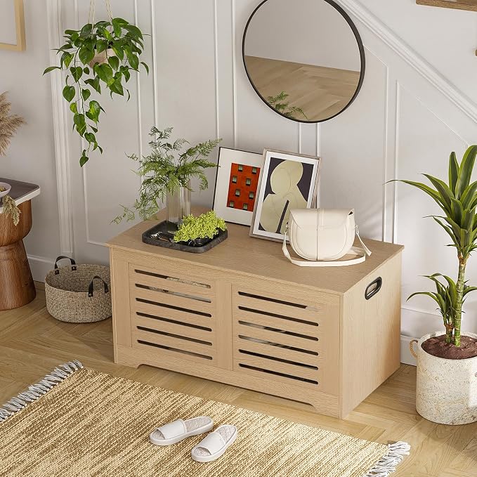 DINZI LVJ Storage Chest, 43.3”Wooden Storage Box with 2 Safety Hinges, Entryway Shoe Bench with Flip-Top, Farmhouse Style Trunk for Living Room, Bedroom, Play Room, Easy Assembly, Natural - Image 7
