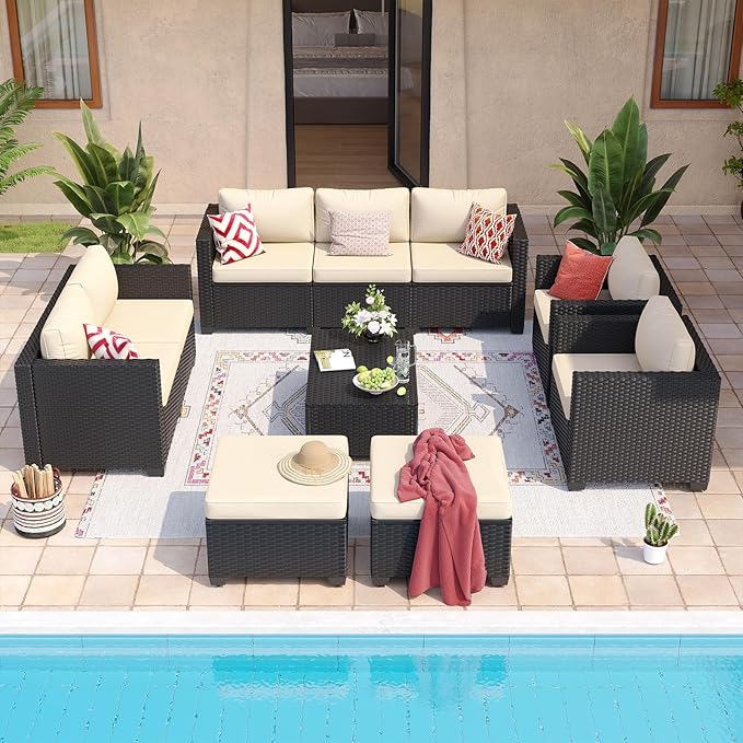 Aoxun 10 Piece Outdoor Patio Furniture Set 9 Seats, Outdoor Sectional with Thick Waterproof Cushions & Storage Coffee Table, Patio Conversation Sets for Garden,Backyard, Porch, Balcony, Deck, Beige