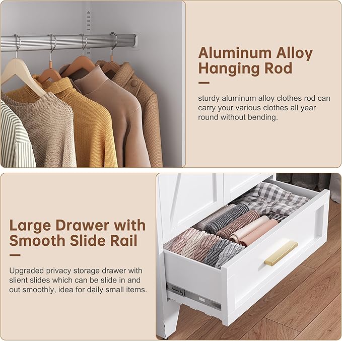 LCAOPC 71" Tall Metal Wardrobe Cabinet with Drawer and Hanging Rod, 2 Doors Armoire Wardrobe Closet with Shelf for Bedroom, Office, Laundry Room, White