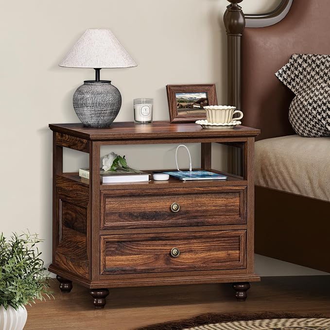 Joaxswe Farmhouse Nightstand with Charging Station, 24" Wide End Table with 2 Drawers,Brown Dresser for Bedroom, Bed Side Table Chest of Drawers Cabinet,Wood Night Stand for Living Room, Closet - Image 7