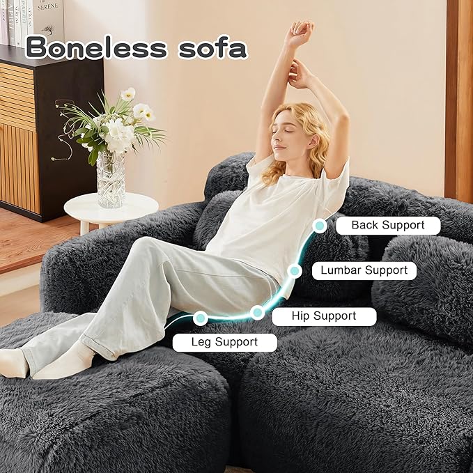 80.4-Inch Boneless Love Seat Couches in a Box, Modern 2 Seat Floor Modular Foam Cloud Sofa Faux Fur Loveseat Couch W/Angle Armrests for Home Apartments Bedroom