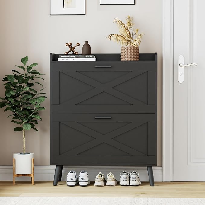 Homleke 32" W Farmhouse Shoe Storage Cabinet with 2 Flip Drawers and Barn Door Design, Adjustable Shelves, Modern Hidden Slim Narrow Shoe Rack Cabinet for Entryway, Foyer, Hallway, Living Room, Black by Homleke