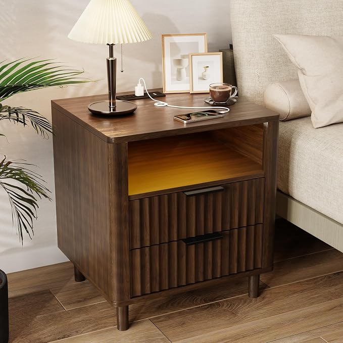 Fluted Nightstand with Charging Station, 2 Drawers Storage Bedside Table, Solid Wood Modern Nightstand with Open Shelf, Curved Profile Design, End Table for Indoor Room Bedroom Office, Walnut by CozyMine