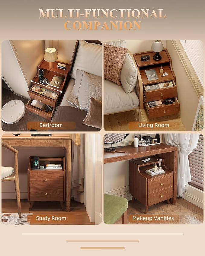 Wood Nightstand, 15.7" Wide Bedside Table with 2/3 Drawers and Large Storage, Solid Wood End Table with Open Shelf & Cable Hole, Modern Storage Cabinet, Walnut, Bedroom & Apartment - Image 6
