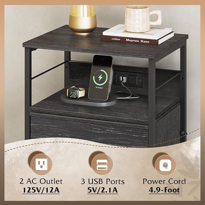 WLIVE Nightstand with Charging Station, 31.9" H Nightstand with 3 Fabric Drawers, LED Bedside Table with USB Ports and Outlets, End Table for Dorm, Bedroom, Entryway, Charcoal Black Wood Grain Print - Image 5