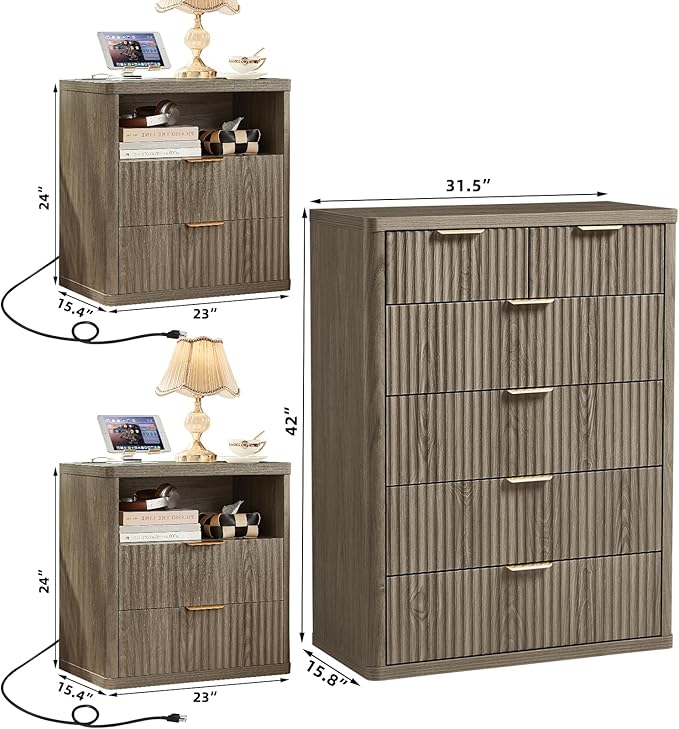 LEYAOYAO 42" Tall Fluted Dresser and 2 Drawers 23" Nightstand Set of 2, Wooden Dresser & Night Stand with Charging Station, 3 Piece Bedroom Furniture Set, Wood Chest of Drawer for Living Room,Grey