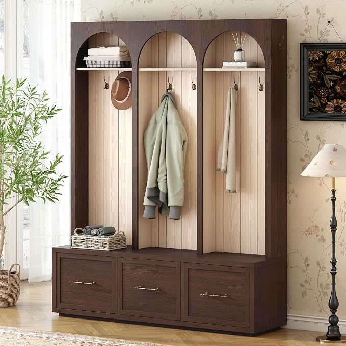 Merax Farmhouse Wood Hall Tree with Shoe Bench and 3 Drawers, 4-in-1 Coat Rack with 8 Hooks for Entrance, Hallway, Mudroom Dark Walnut - Image 2
