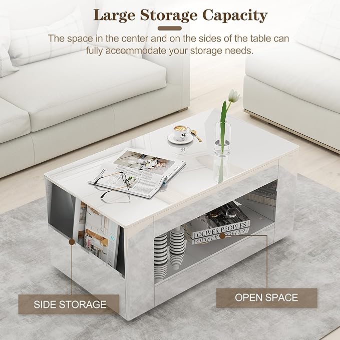 39" High Gloss Wood Coffee Table for Living Room, Sides Storage with Transparent Legs, Modern 2-Tier Storage Shelf Center Table for Home Office, Apartment, White