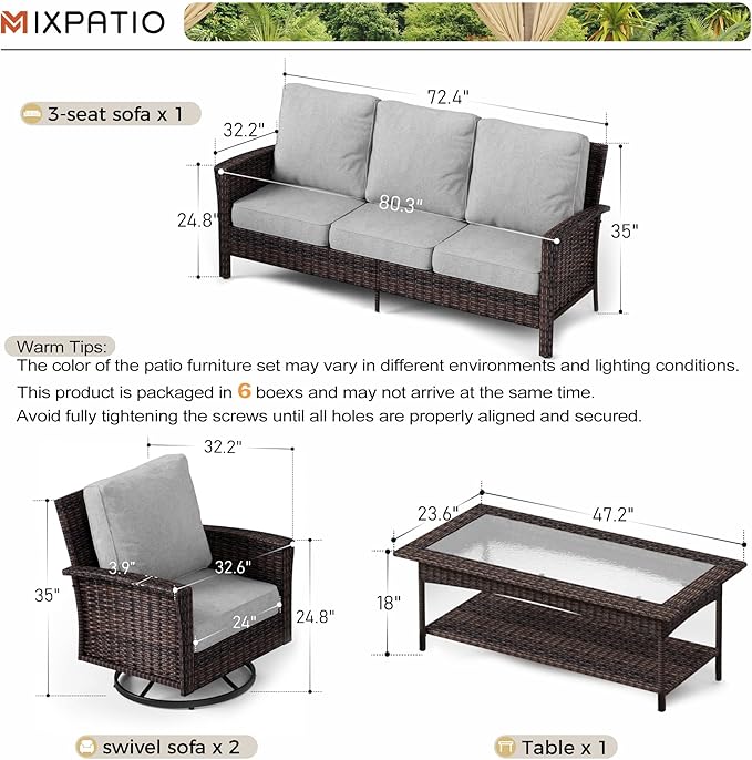 4-Piece Wicker Patio Furniture Set with Swivel Chairs, High Back Outdoor Sofa with 5.5-inch Thick Cushion, All-Weather Wicker Patio Conversation Set for Deck Yard Pool, Grey