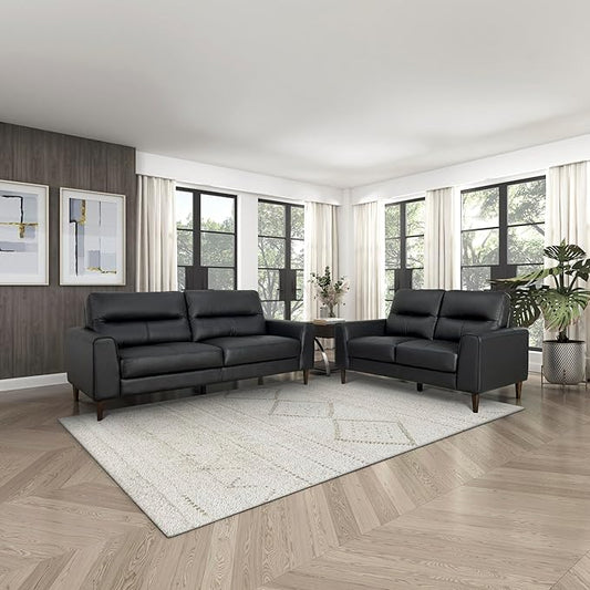 Lexicon 2 Piece Living Room Furniture Sets, Top Grain Leather Leather Match Living Room Sofa Set, Track Arm, Solid Wood Legs, Comfy Couches Including Loveseat & Sofa, 2 Pieces, Black