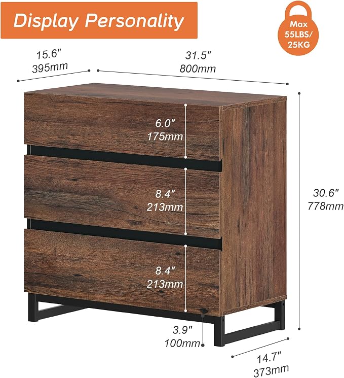 WAMPAT Nightstand with 3 Drawers for Bedroom, Modern Bedside Table with Black Square Metal Leg, Wood Rustic Side End Table, Brown, 2 Pcs - Image 3