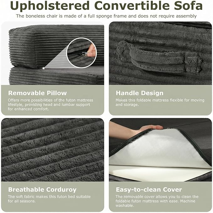 5-in-1 Convertible Sofa Bed, Boneless Loveseat Sleeper with Removable Cushions & Washable Corduroy Cover, Futon Sofa Bed with Handle, Pull Out Couch for Small Spaces, Full Size, Grey