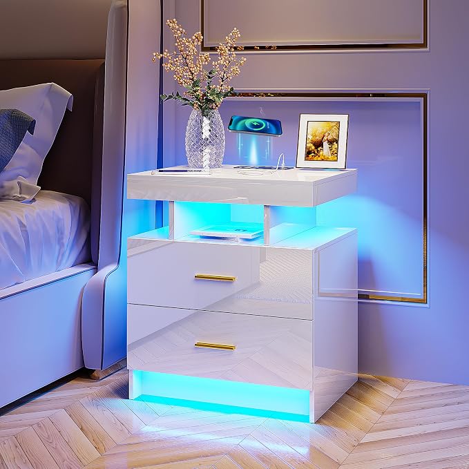 HNEBC Auto LED Nightstand with Wireless Charging Station & USB Ports,High Gloss Bedside Tables with 2 Drawers,Floating Nightstand with 3 Color & Adjustable Brightness for Bedroom,White by HNEBC