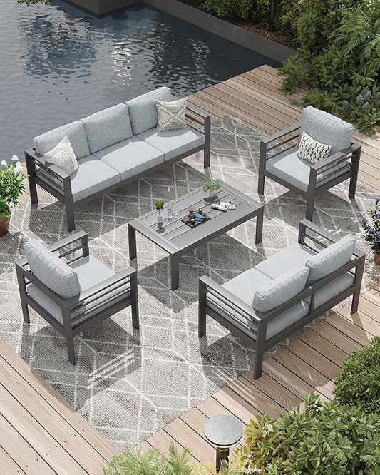 AECOJOY Aluminum Patio Furniture Set, 7 Seats Modern Outdoor Furniture with Coffee Table, 5 Pieces Metal Conversation Sectional Sofa, Light Gray