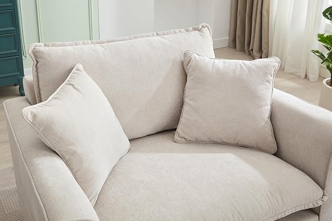 46.3 Inch Oversized Armchair Chenille Fabric Chair and a Half Single Sofa with Pillow Removable Washable Covers Rubberwood Legs Ruffled Armrests for Living Room Bedroom Office Apartment, Cream