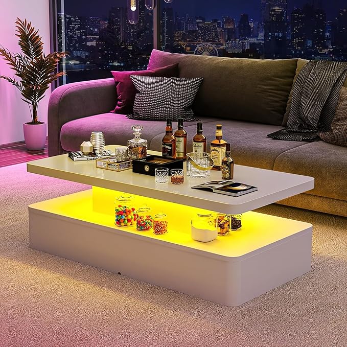 40" Modern Smart LED Coffee Table with Remote Control, 2-Tier Rectangle Center Table for Living Room - Large Storage, High Glossy Surface, RGB Color Changing Lights, White