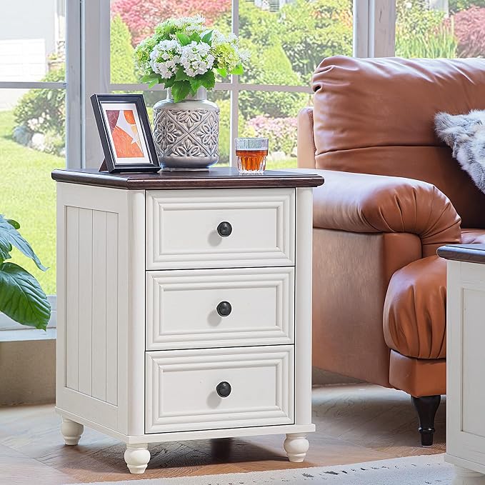RWYHG 18" Farmhouse Night Stand, White Wood Nightstand with 3 Drawers, Bedside End Table with Storage and Roman Column, Bed Side Tables Cabinet for Bedroom, Living Room, and Closet by RWYHG