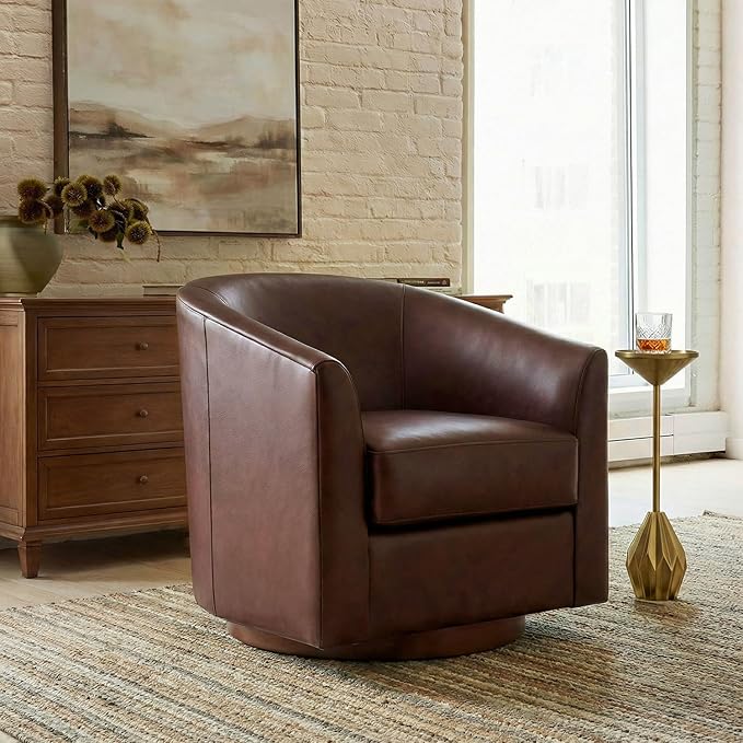 HULALA HOME Genuine Leather Swivel Barrel Chair, Round Swivel Accent Chair with Solid Wood Base, No Assembly Required, Brown