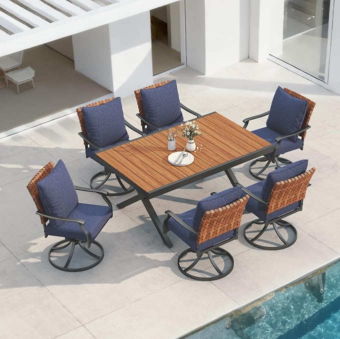 Grand patio 7-Piece Outdoor Dining Set, 6 Leather-Look Wicker Blue Swivel Patio Chairs & 1 Extendable Rectangular Dining Table, Brown by GrandPatio