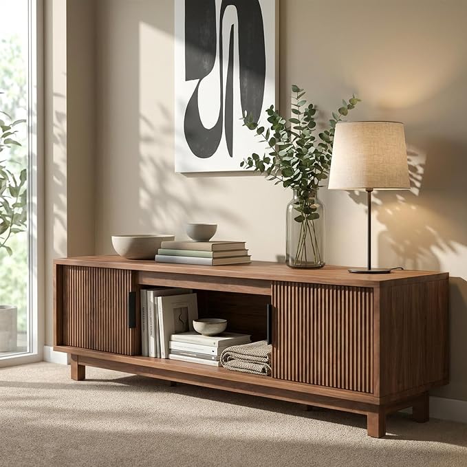 Alpen Fluted TV Stands for Living Room, 58" Mid Century Modern Entertainment Center with Storage, Brown Walnut TV Console for 55/60/65 Inch TV, Wood Television Media Cabinet for Bedroom - Image 4