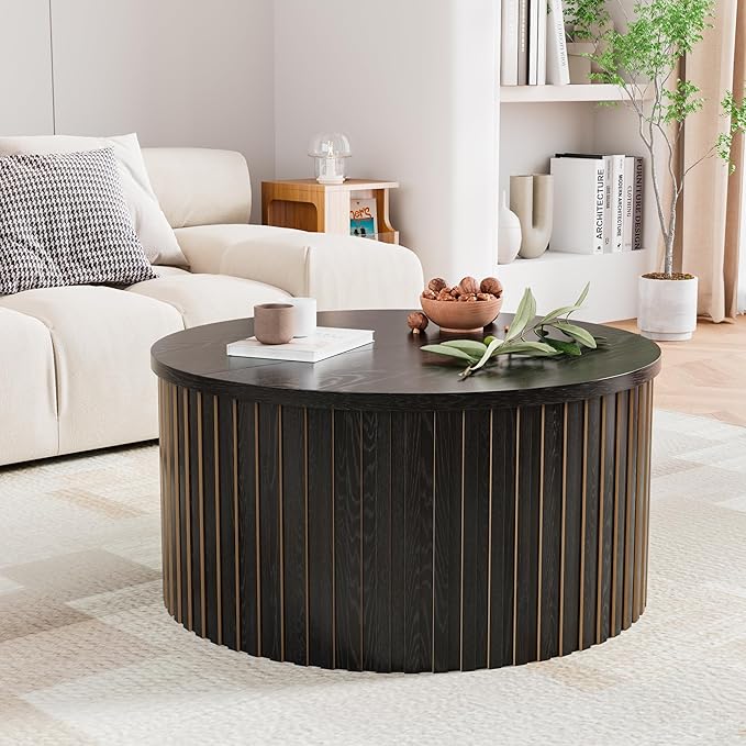 Fluted Lift Top Coffee Table with Storage, 31.5'' Farmhouse Round Coffee Tables for Living Room, Modern Wood Center Tables with Hidden Compartment for Home, Office (Black)