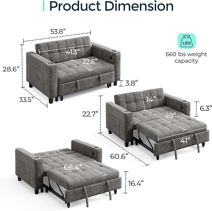LINSY 54" Pull Out Couch with Charging Station, Small Sleeper Sofa Bed with Cup Holder, 3 in 1 Convertible Loveseat Sleeper Couch for Apartment, Dorm Room, Bedroom and Small Space, Gray