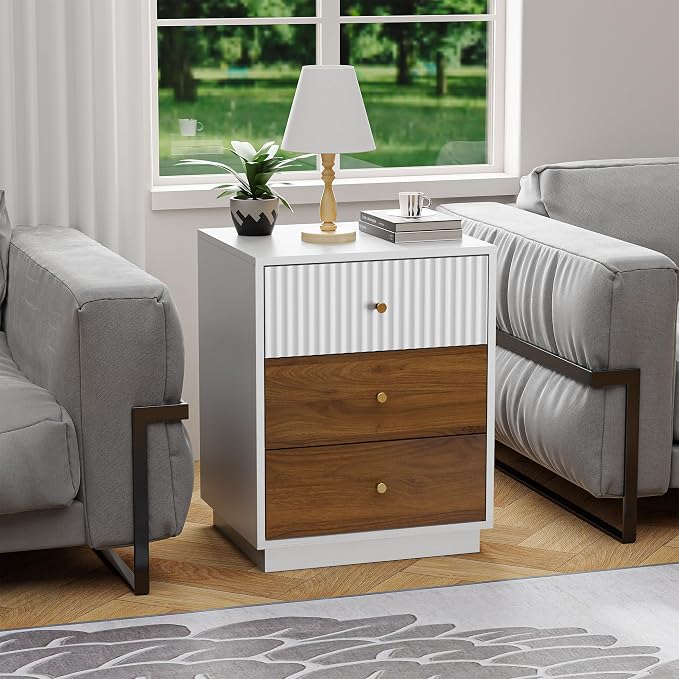 23.6" Tall Night Stand with 3 Storage Drawers, Fluted Nightstand with Metal Handles, Modern End Table Bedside Table Chest for Bedroom, White and Natural - Image 3