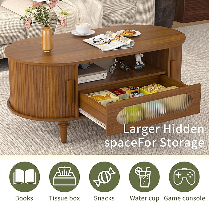 Fluted Oval Coffee Table for Living Room, Wood Round Coffee Table with Storage, Low Small Center Tables with Drawer, Sliding Door, Mid Century Modern, Boho, Rustic, Walnut