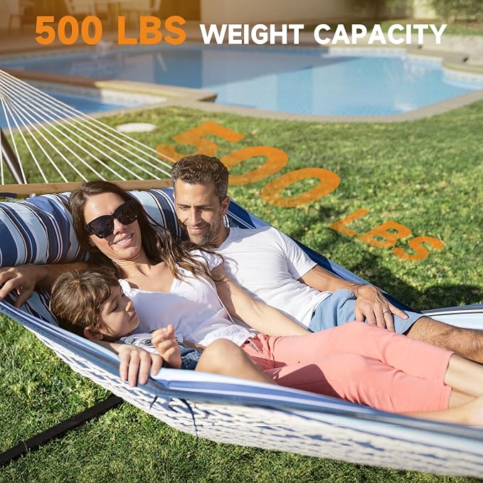 Everyfun 2 Person Outdoor Hammock with Stand, Cotton Rope Hammock with Polyester Pad, Adjustable Steel Frame, Portable with Carrying Bag – for Patio, Backyard, Garden, Beach, Blue - Image 6