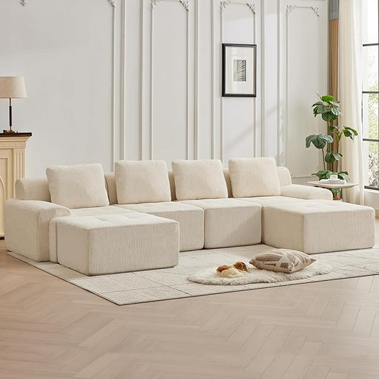Modular Sectional Sofa with Movable Ottoman, 4 Seat Deep Seat Couch with 4 Pillows, Comfy Cloud Sectional Sofa for Living Room, Bedroom and Apartment (White, 1 Left+1 Right+2 Middle+2 Ottoman)