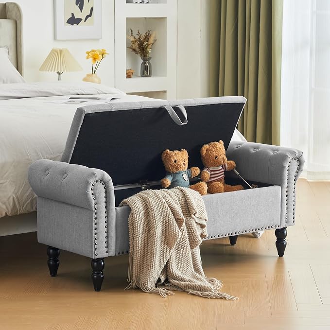Furnimart Storage Ottoman Bench for Queen Size Bed, Faux Linen Upholstered Storage Bench Accent Bench with Rolled Arms for Bedroom,Living Room, Entryway, 2.5Cubic Feet - Image 3