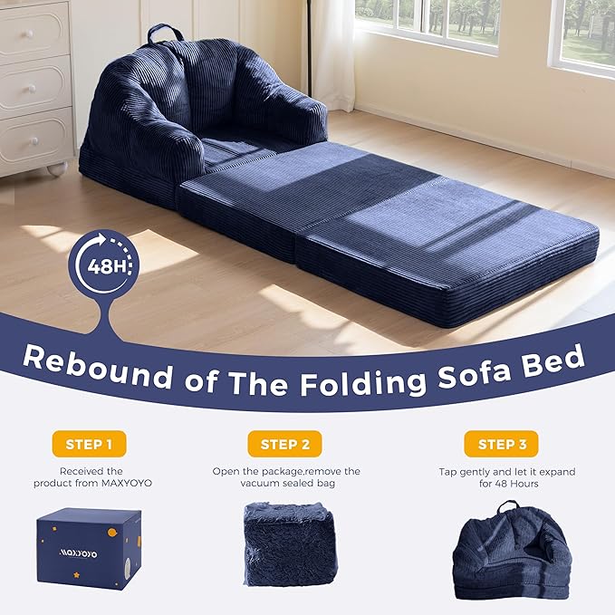 MAXYOYO Folding Sofa Bed with Backrest, Boneless Fold Out Couch Bed with Handle, 2 in 1 Convertible Bean Bag Chair to Floor Sofa Lounger, Comfy Folding Couch for Bedroom & Living Room, Navy