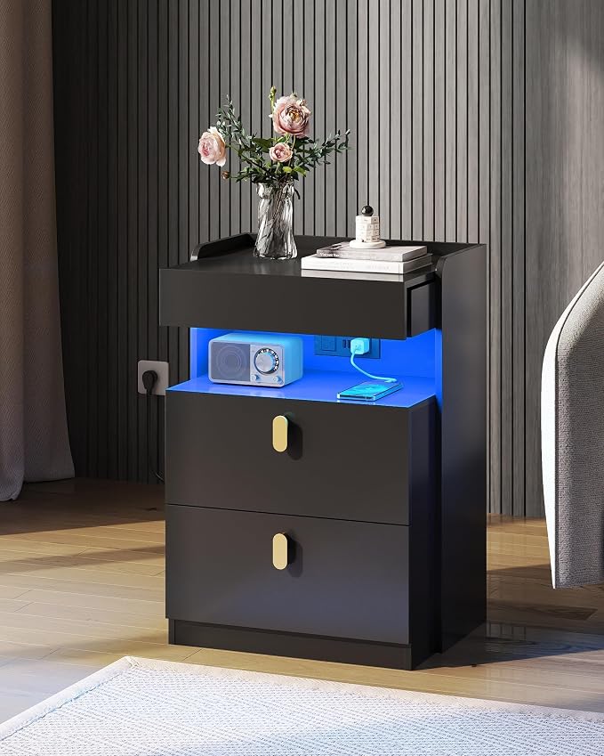 WLIVE Black LED Nighstand with Charging Station, Night Stand with Sliding Top and 2 Drawers, Modern Bedside Table End Tables with Hidden Space for Bedroom, Living Room, Black - Image 6