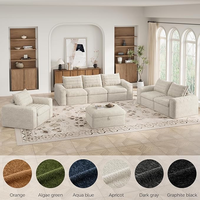 106.7" Modular Sectional Sofa with Deep Seat, Comfortable Upholstery L Shaped Cloud Couch for Living Room, 3-Seater Boneless Sofa with Movable Ottomans, Removable Cover, No Assembly Required, Apricot