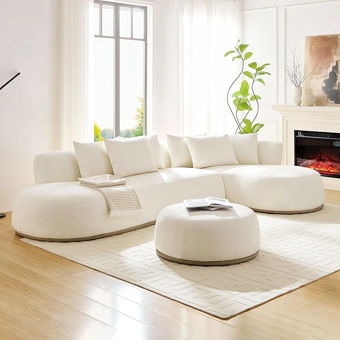 KEIKI 135" L-Shaped Oversized Boucle Sectional Sofa with Right Chaise, Modern 5-Seater Polyester Curved Couch with PU Leather Base, 1 Ottoman & 6 Pillows, No Assembly Required, for Living Room, Beige